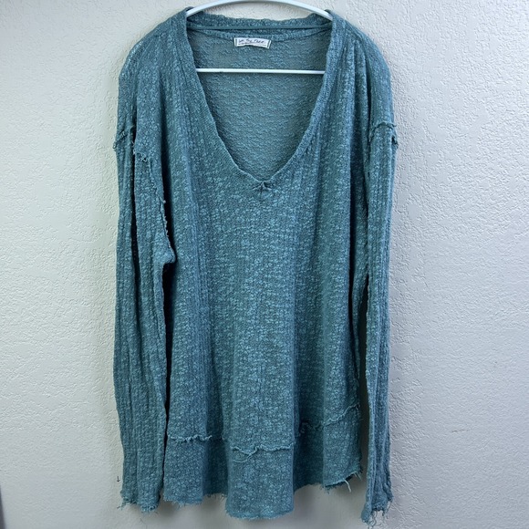 We the Free People Ocean Air Hacci Top Womens Medium Moss Teal V Neck Sweater - Picture 1 of 11
